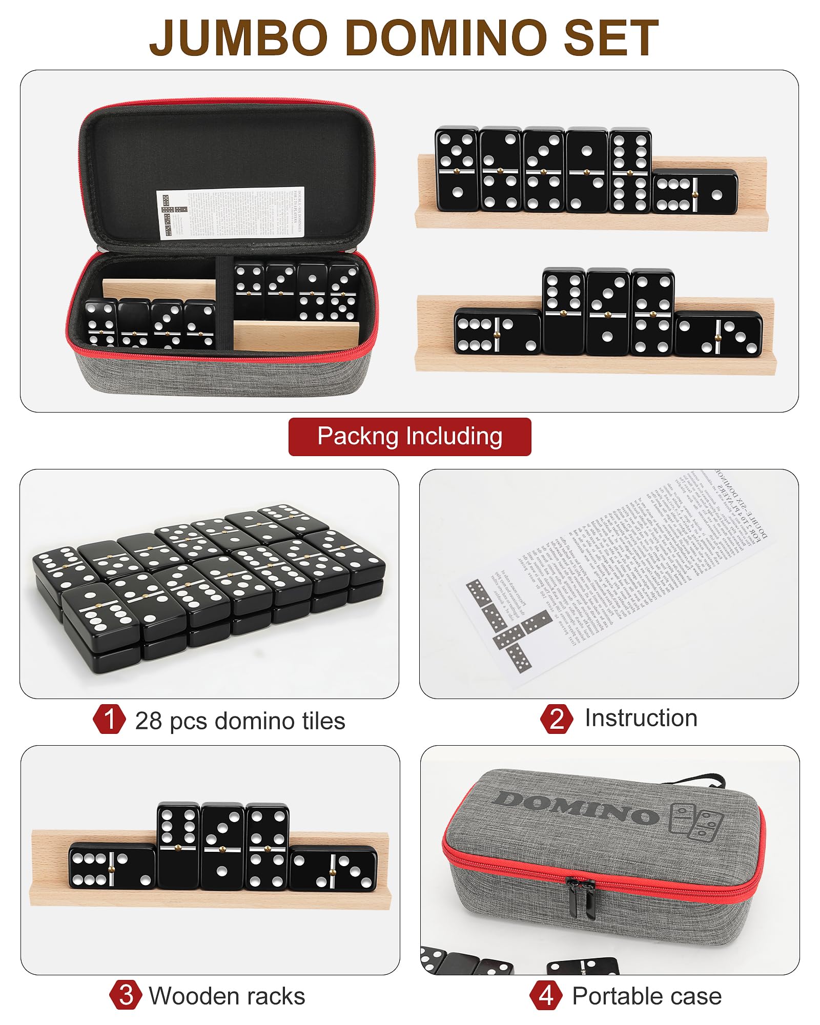 Amazon.com: KAILE Jumbo Double 6 Domino Set with Portable Case & 4